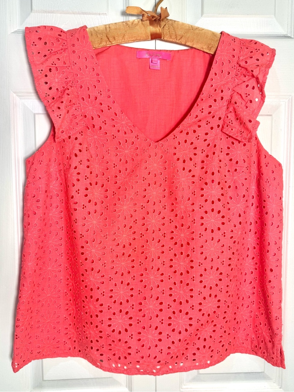 Lilly Pulitzer Lina Eyelet Top Spicy Coral Pink Neon Sunburst Large EUC